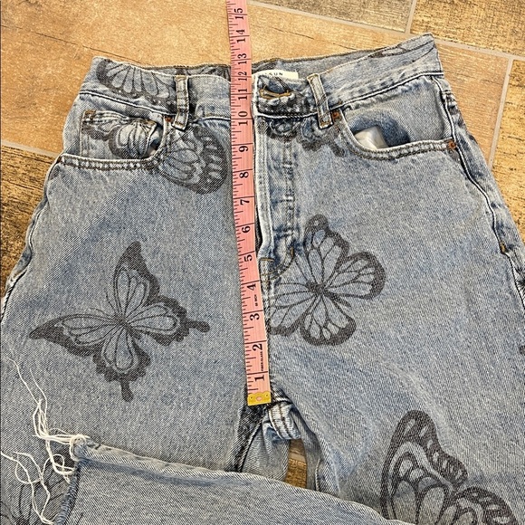 PacSun High Rise Straight Light Blue Denim Jeans Butterfly Print Button Fly 26 - Picture 9 of 10